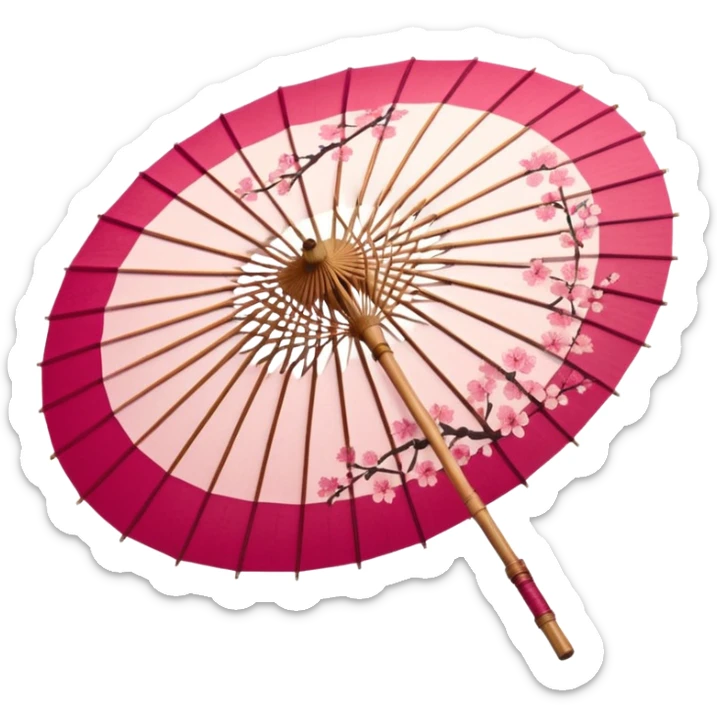 Sakura-themed Japanese wagasa parasol, pink and red washi paper, cherry blossom patterns, delicate floral design, bamboo frame, traditional Japanese style, aesthetic, elegant, no humans sticker