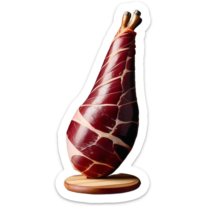 _cinematic-realistic-spanish-ham-leg,-depicted-as-a-massive,-cured-leg-of-jamón-serrano-(ham)-with-a-deep-reddish-brown-hue on the outside,-intricately-marbled-and-slightly-glossy-with-age,-elegantly-displayed-on-a-rustic-wooden-stand-and-bathed-in-warm - jamon prosciutto sticker