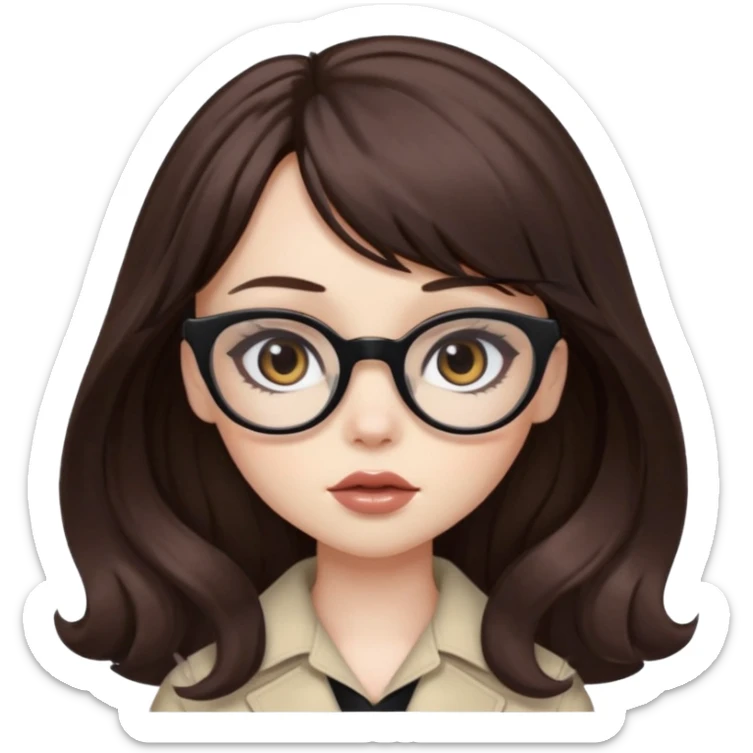 wavy brown long bangs hair, pale skin, dark black iris, pretty bratz baddie, strong black eyeliner, glasses sticker