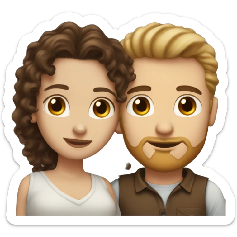 White woman with long dark brown curly hair kissing white man with light brown hair and stubble sticker
