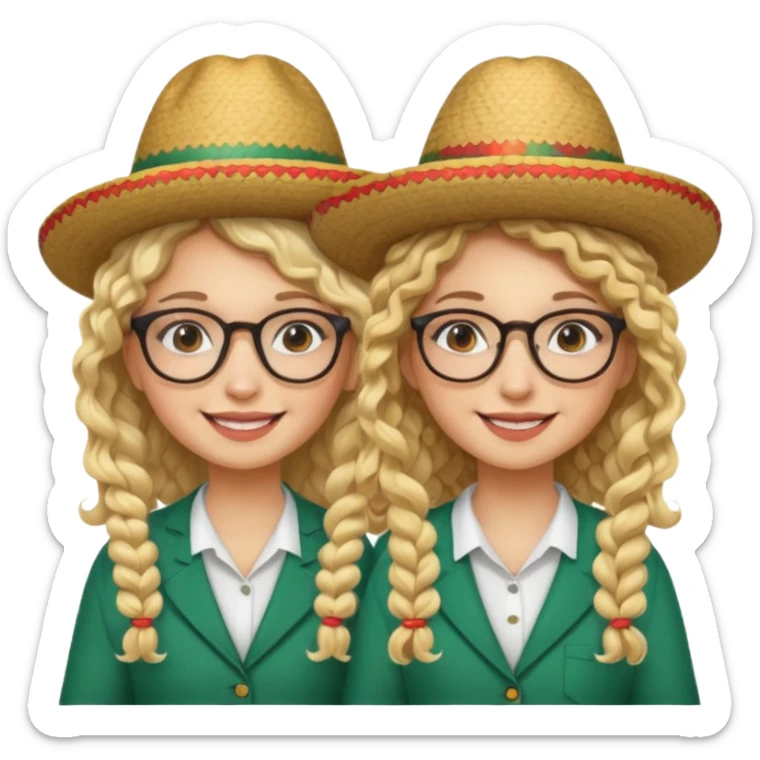 2 blonde girls, one with curly hair and glasses and the other with straight hair and glasses. both wearing Mexican hats sticker