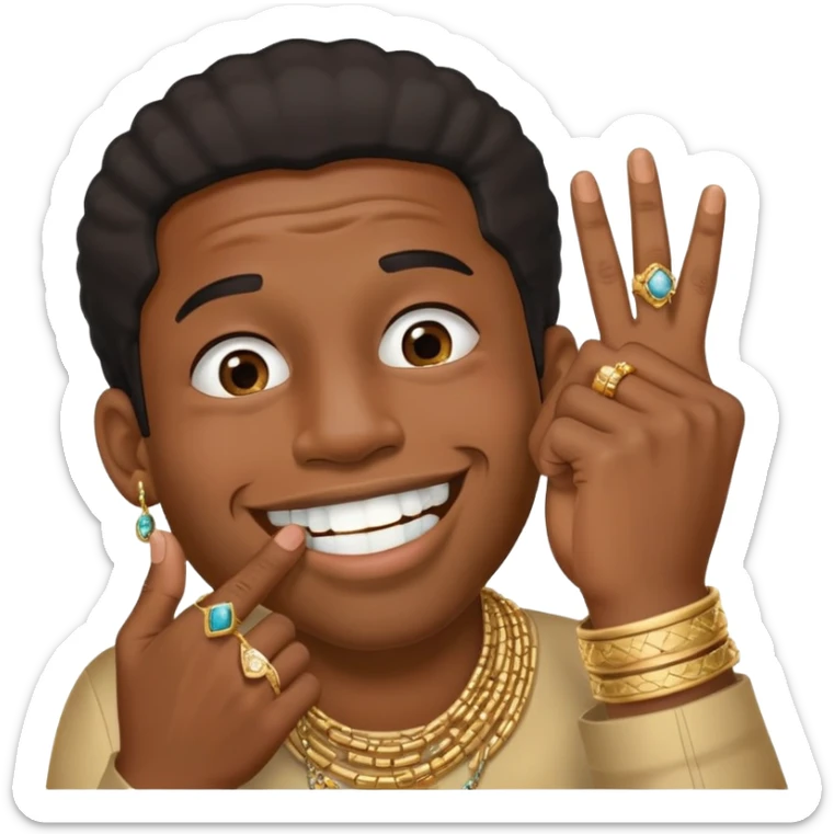Giggling black man with jewelry covering his mouth with his right hand with one thumb and four fingers only sticker