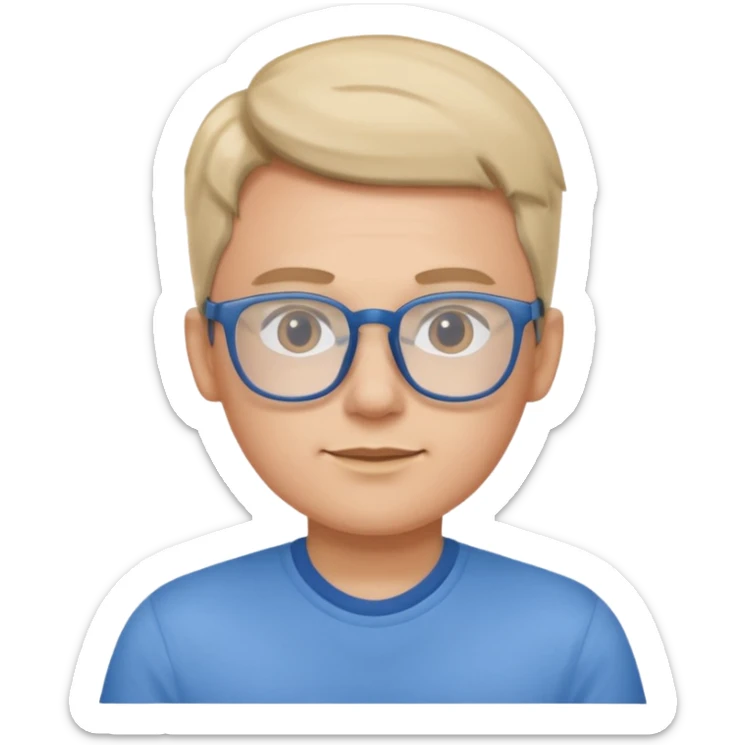 gender neutral person, chest up, wearing a blue shirt and glasses sticker
