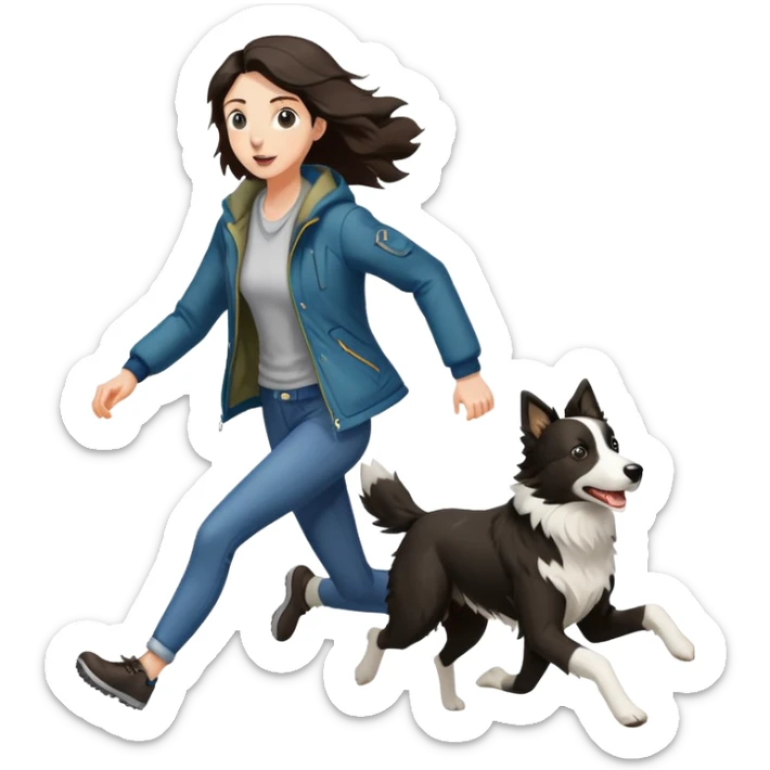 A beautiful tall girl with fair skin wearing a jacket chasing a Border Collie sticker