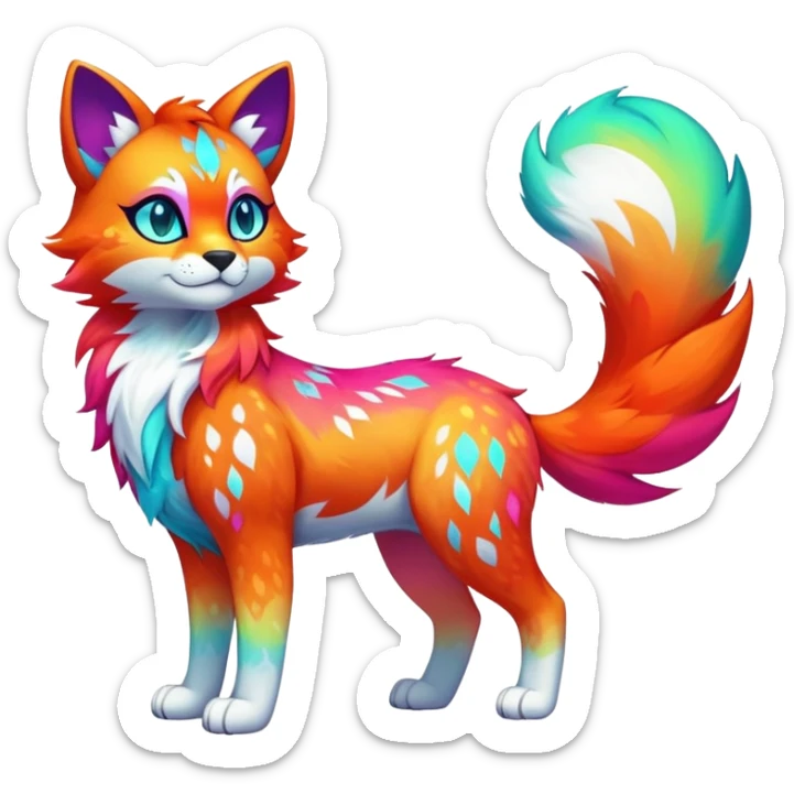 Vibrant multicolored neon-colored Falvie-Fionbri-creature-sparkle-feline-canine-hybrid-fursona, full body, fur pattern-markings sticker