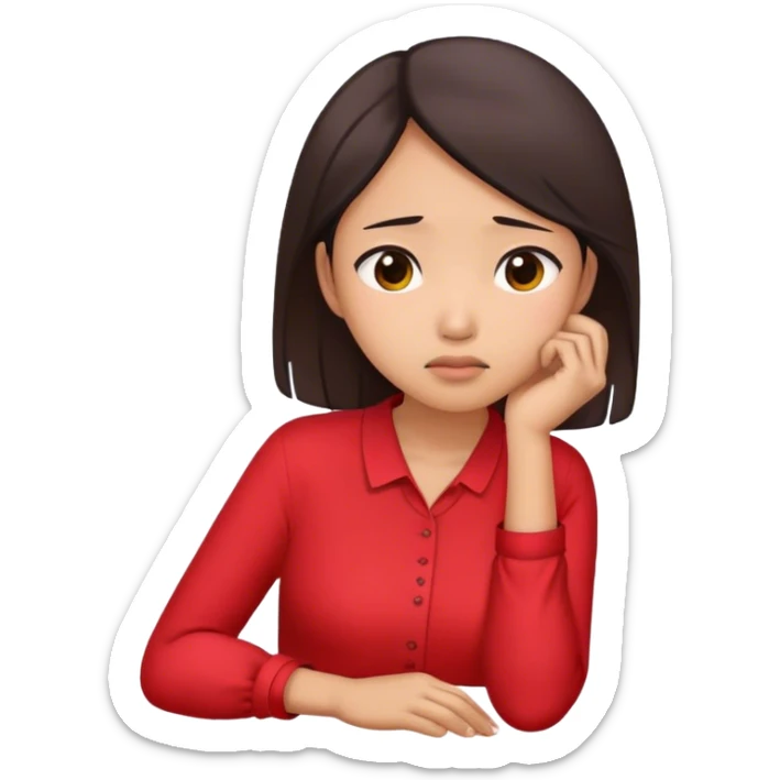 Asian woman wearing red blouse feeling worried while resting her chin on her right hand sticker