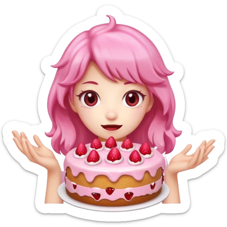 kawaii  woman holding pink runny gooey strawberry jam monster cake   sticker