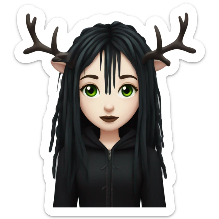 gothic girl, pale skin, green eyes, black dreads, bangs, black clothes, eyeliner, deer antlers  sticker