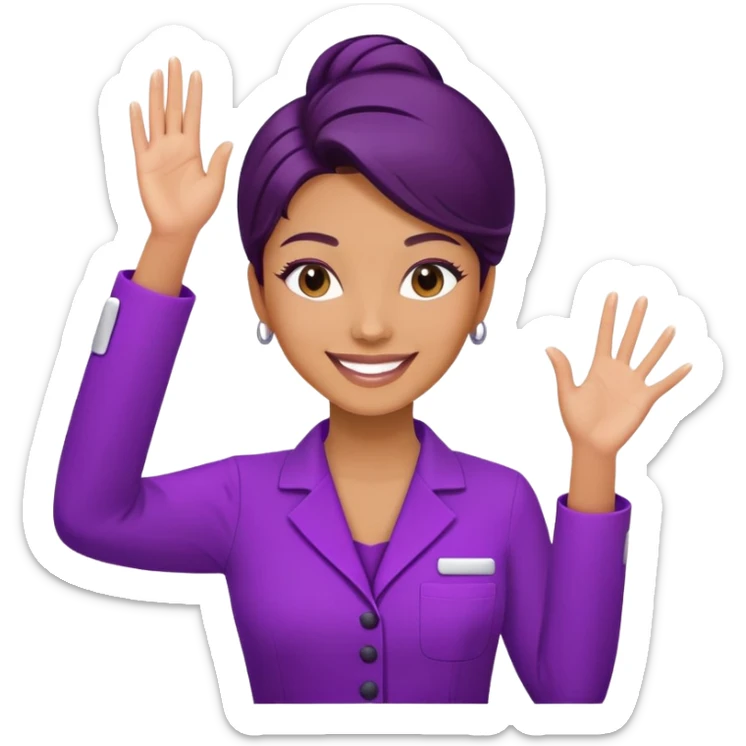 Woman cosmetologist in purple salon uniform with hand raised, smiling sticker