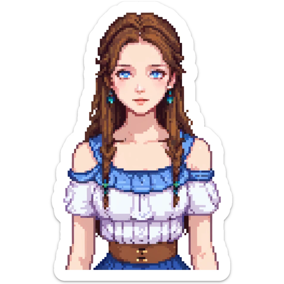 Icon of a beautiful girl with long brown hair, blue eyes, and a nice hairstyle, wearing a nice top that shows her collarbones sticker