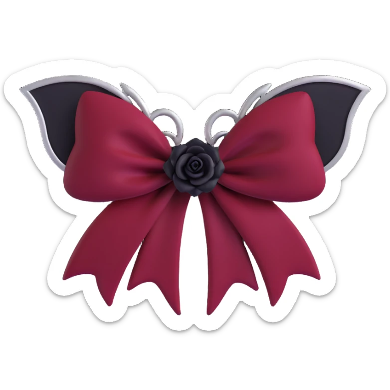 gothic bow, deep crimson velvet, silver bat charm, black rose center, rich and gothic sticker