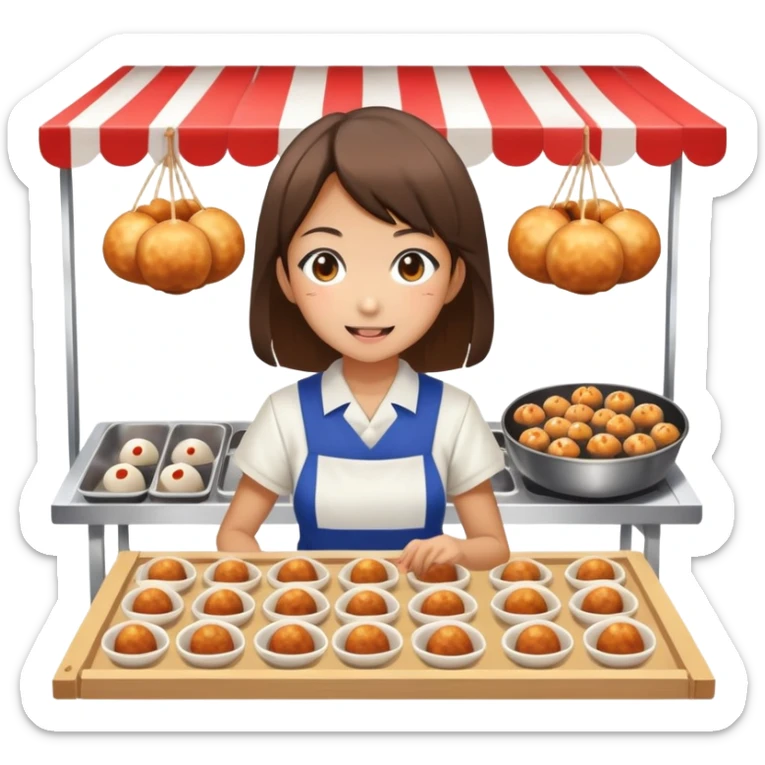 Japanese high school girl at cultural festival running food stall with takoyaki sticker