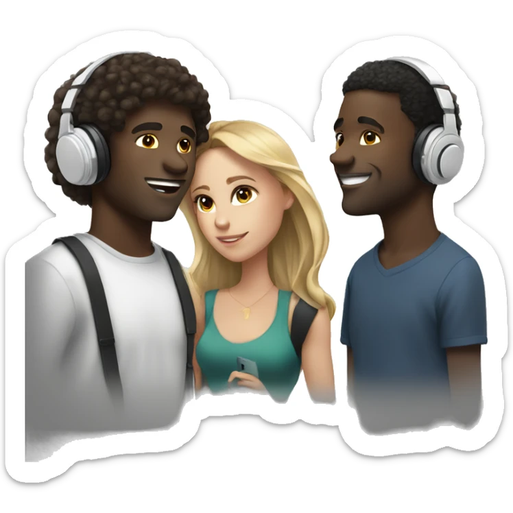 2 black guys and 1 white girl with headphones listening to music  sticker