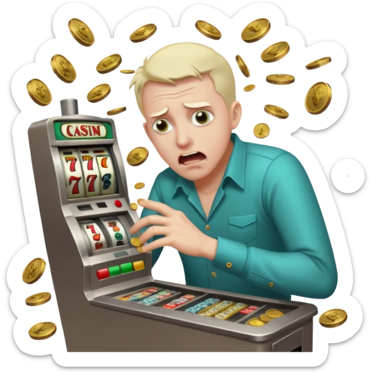 crazed man frantically scraping a casino slot machine, losing all his money, wild expression, coins spilling out sticker