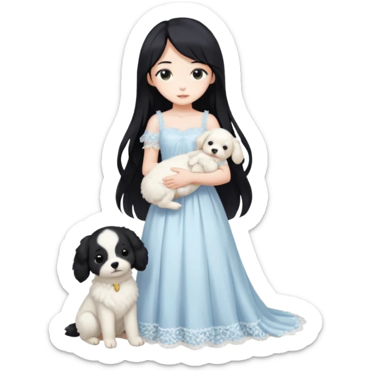 Pastel anime lady long hair with long lace dress full body holding puppy aesthetic background sticker