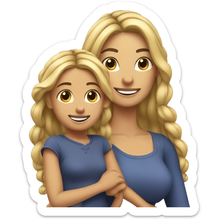 An emoji of a blonde mother with long hair, standing next to her 3-year-old daughter with black braided hair, both smiling sticker