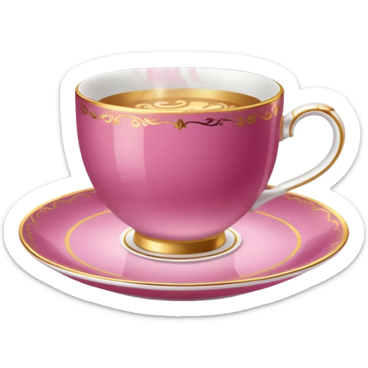 dark pink teacup, placed on a matching pink saucer, with gentle steam rising from the cup, golden details sticker