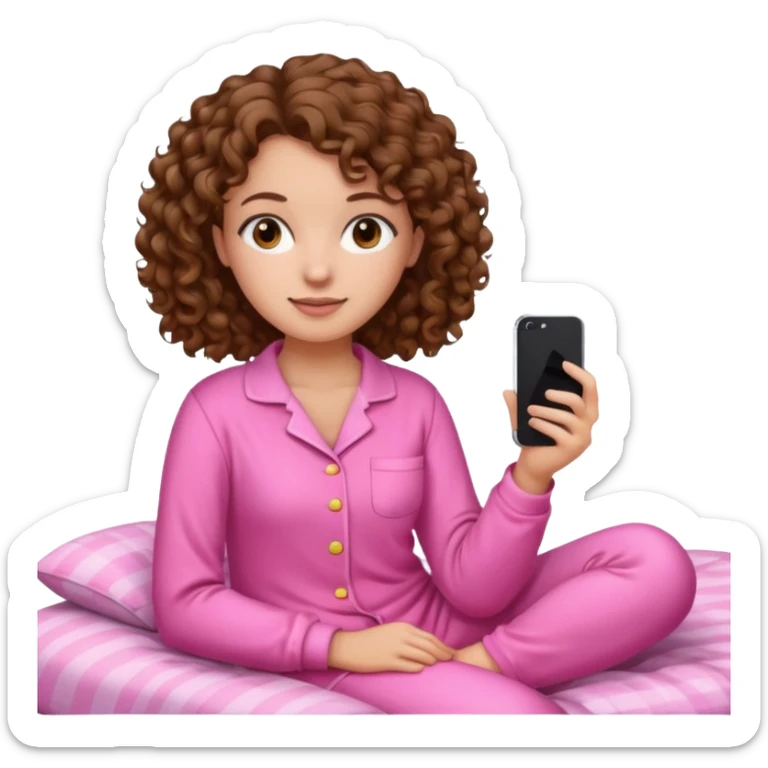 young woman with curly brown hair wearing pink pajamas, iPhone emoji style sticker