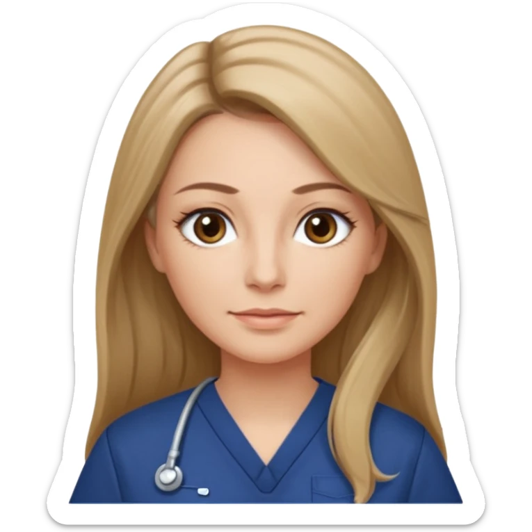 middle aged woman with long, straight light brown / dark blonde hair, grey eyes, winged eyeliner, natural makeup, wearing navy blue scrub top sticker