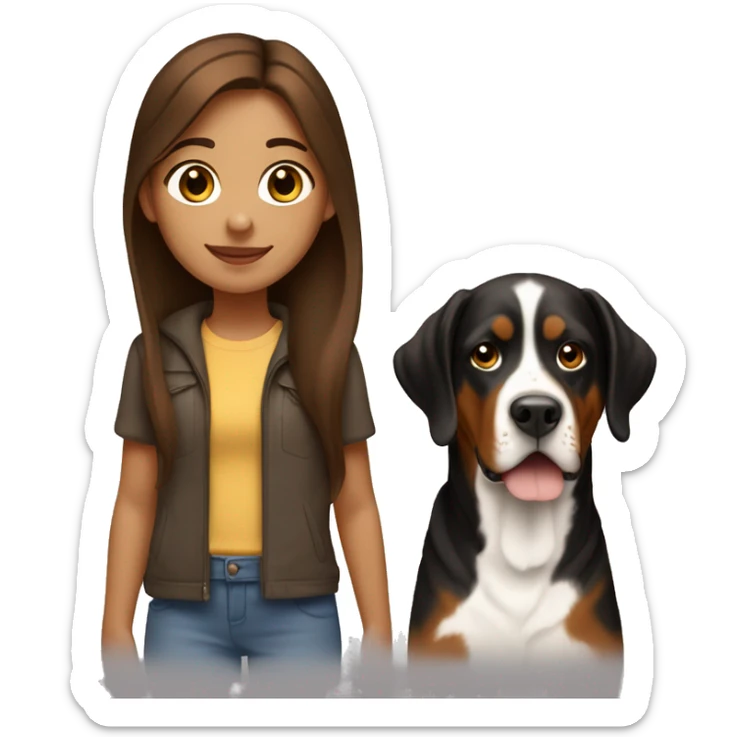 girl with long brown hair holding a greater swiss mountain dog sticker