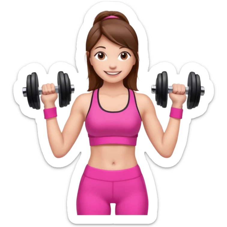 beautiful girl with brown hairs in sport wear in her hands is dumbbells her skin was light and hairs too and her sport wear was pink  sticker