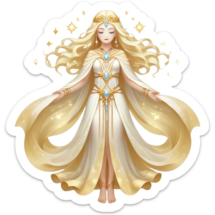 fullbody universe goddess Sophia, Ethereal Light Being, Made of starlight and fractals, Glowing white/gold skin with flowing translucent robes, Hair like galaxy mist, Jewelry made of stars and crystals sticker