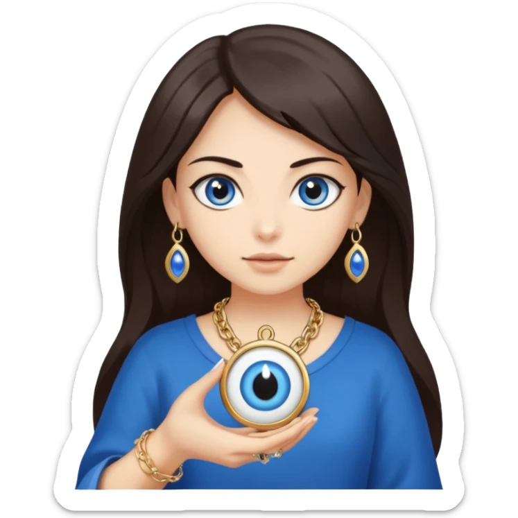 A girl with dark brown hair is holding a huge evil eye amulet in her hand. sticker