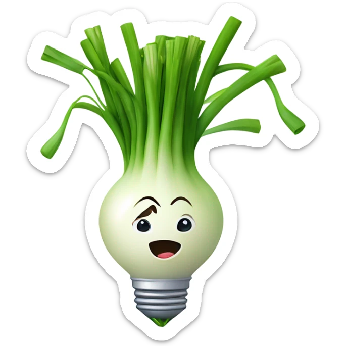 Smiling green onion with a bundle of long, thin green stalks as hair, big expressive eyes, and a cheerful cartoonish face on the white bulb section. Vibrant and playful design. sticker