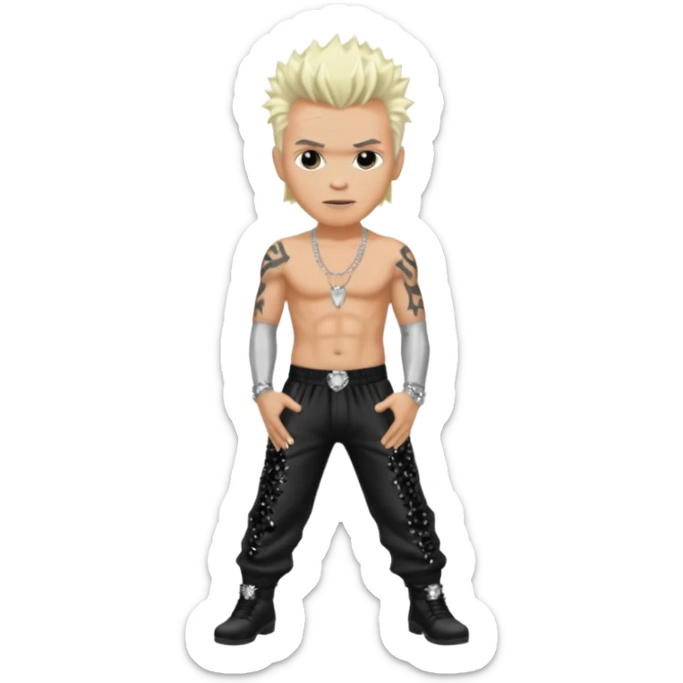 Billy Idol with platinum blonde hair, black sequin baggy pants, shirtless with necklace sticker