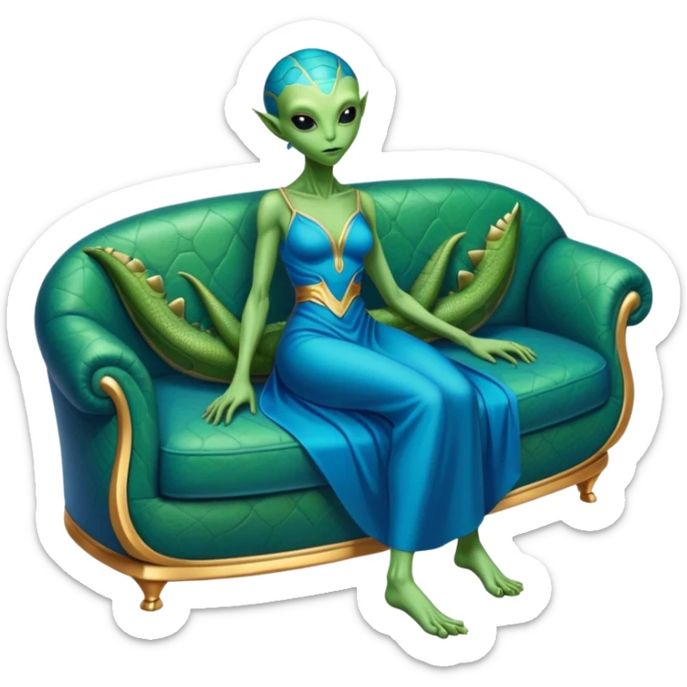 a reptilian green alien woman, in blue gold dress, lie on couch comfy, full figure sticker