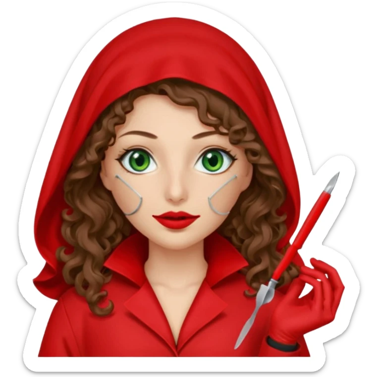 Lilith symbol sexy evil woman. She has green eyes.  had brown long curly hair.  evil surgeon kills with scalpel wears red sexy doctor coat with red mouth cover red gloves. Covers nose, neck  and mouth with Muslim red berka sticker