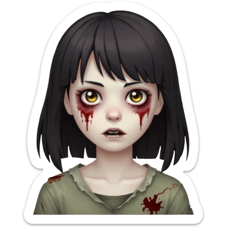zombie 🧟‍♀️+👩🏻= girl dark hair long her shoulders bangs and ragged haircut gray eyes sticker