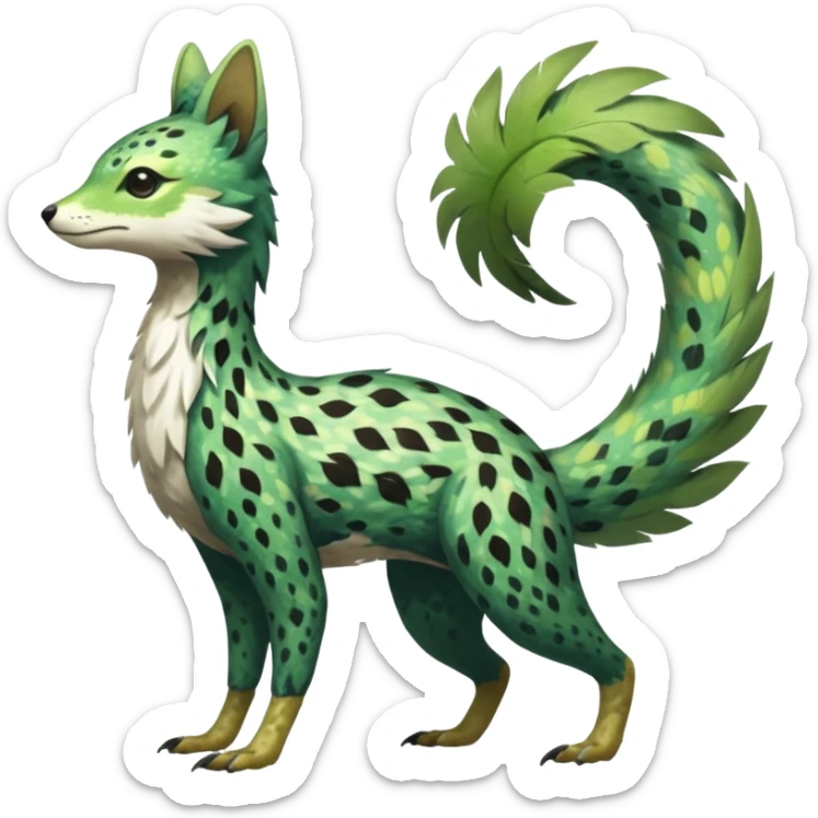  Feathery speckled flecked Japanese oriental asian painted Greenish beautiful handsome gorgeous aesthetic colorful vibrant Vernid-Trico-species-Fakemon-creature by LiLaiRa, 4 legs, 1 tail, random markings, (full body) sticker