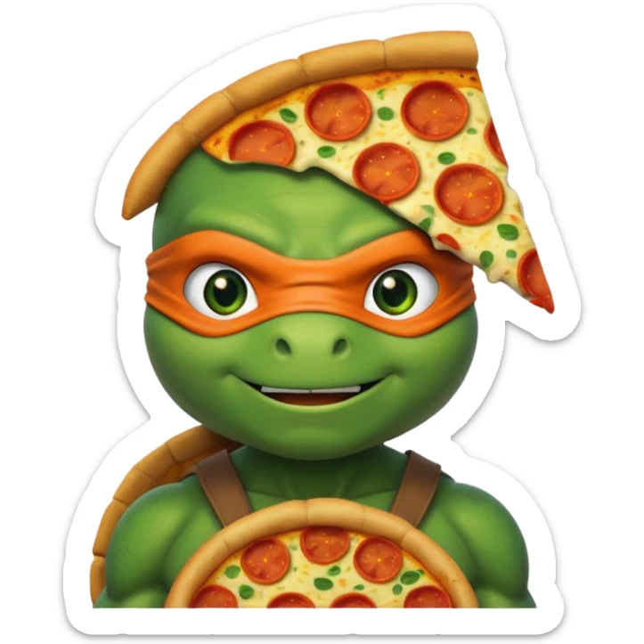 Michelangelo from Teenage Mutant Ninja Turtles, emoji style, head only, cute minimalistic style, with a pizza slice sticker