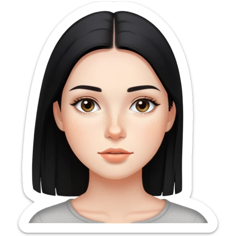 young woman with sleek black straight hair, natural makeup, and freckles across cheeks sticker