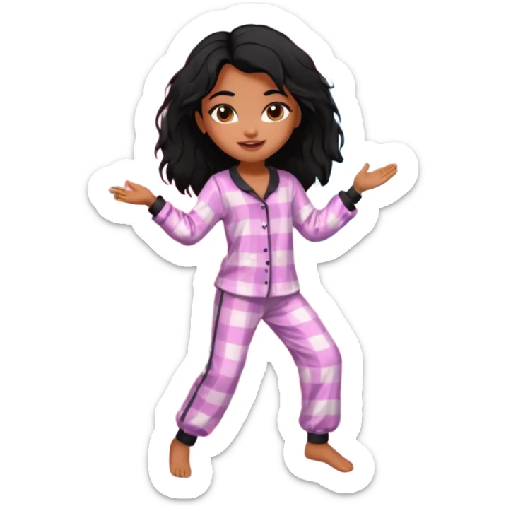 generate a pretty bratz brown skinned girl with messy black hair in pyjamas dancing in room sticker