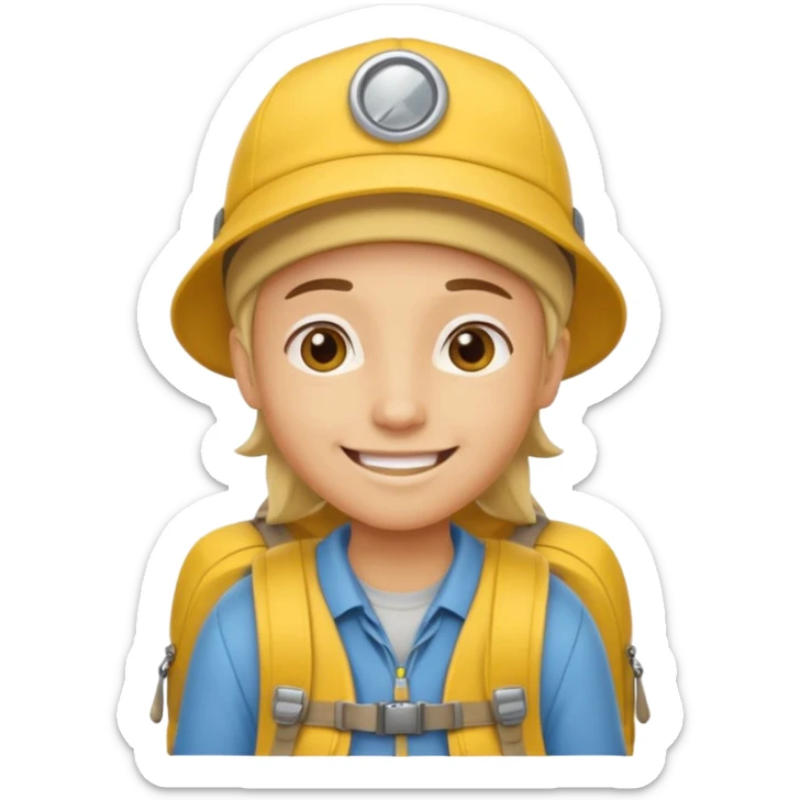 Cartoon explorer wearing a yellow cap and yellow backpack, casual outdoor outfit sticker