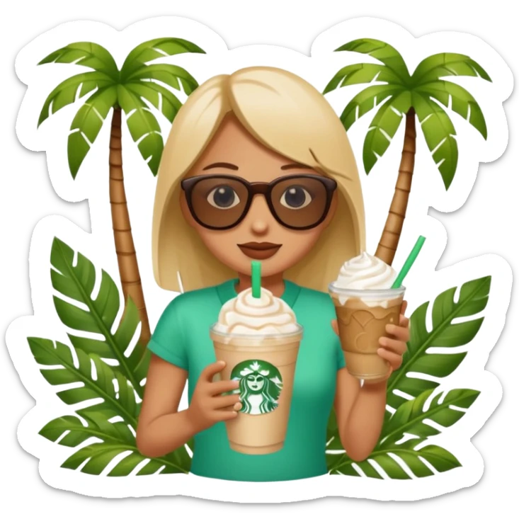 Starbucks summer with cold frappuccino, sunglasses, palm leaves, playful emoji style sticker