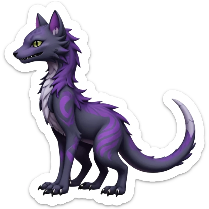 Kawaii dark black purplish blackish edgy fantasy ethereal feline-vernid-sergal-monster-fursona animal creature full body with intricate markings  sticker
