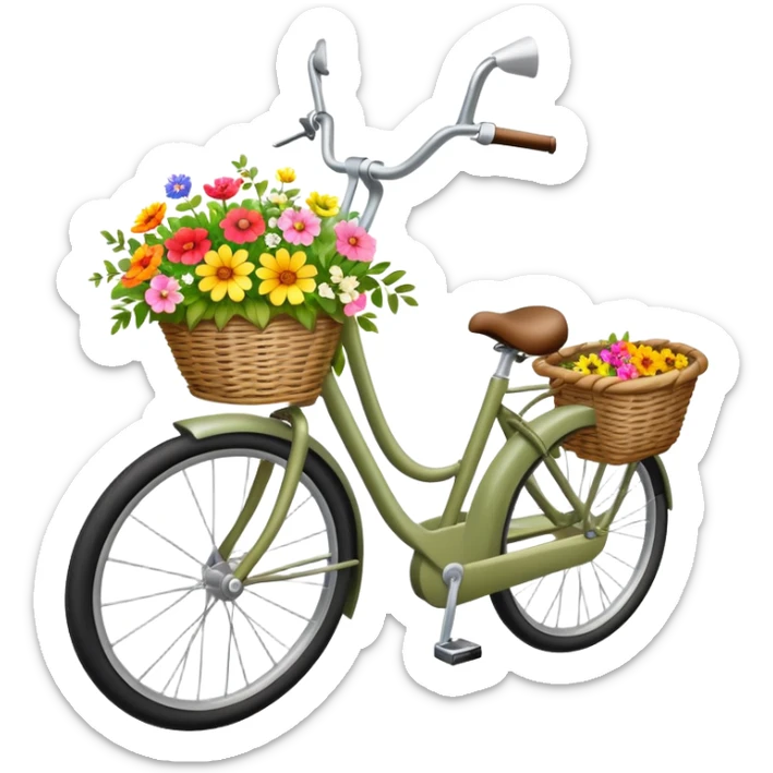A pale olive bike with a basket and flowers in it sticker