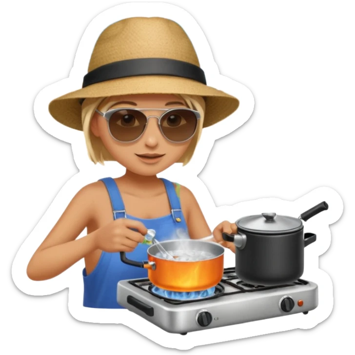 A camper boiling water on a portable stove, enjoying the outdoor breeze.
 sticker