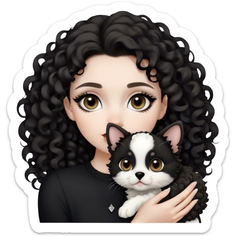 Girl holding a black and white small jackapoo puppy. Girl is pretty, has dark brown eyes. Full soft lips. sharp cat eye line. Dark brown big curls. Long hair. Pale. Dog had black ears, black circles around eyes, dog has white mouth and head sticker