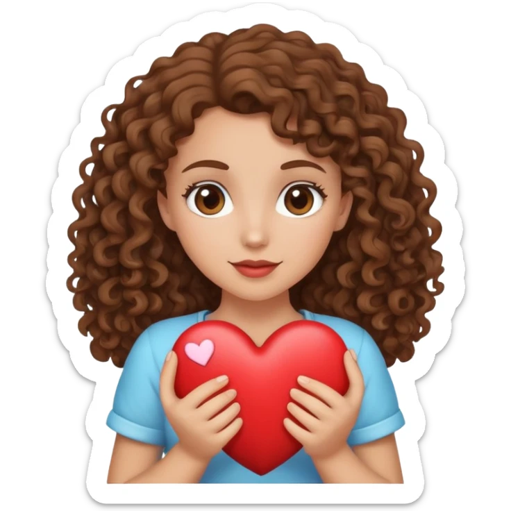 Tan white girl with brown curly hair holding a heart sticker
