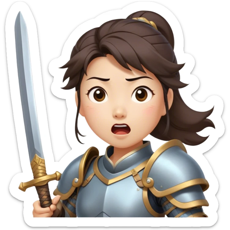 Cinematic Funny Mulan Portrait Emoji, Wearing her training armor too big, looking surprised as a sword nearly topples her over, a mix of warrior determination and hilarious inexperience, a comical yet endearing moment in her transformation! sticker
