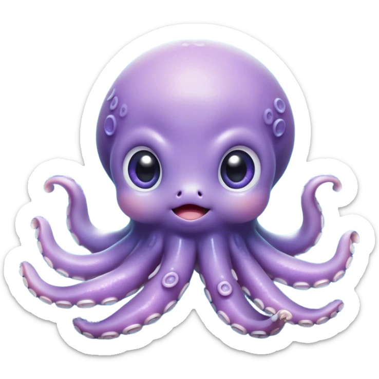 Cinematic Cute Shy Baby Octopus Portrait Emoji, Tentacles tucked slightly inward in an adorably bashful pose, featuring a softly glowing, round light blue-purple body with enormous, soulful eyes peering out timidly, Simplified yet irresistibly adorable features, highly detailed, glowing with a delicate, soothing marine radiance, high shine, quiet yet expressive, stylized with an air of gentle mystery, soft glowing outline, capturing the essence of a tiny, shy deep-sea creature that seems as if it could slowly peek out and explore the world with cautious curiosity! sticker