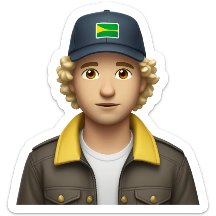 young white guy with small wavy hair with brazilian race jacket and hat serious sticker