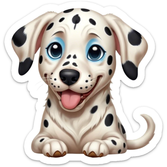 Cinematic Cute Yawning Spotted Dalmatian Portrait Emoji, Head tilted slightly with a dramatic, wide-open yawn, showcasing a smooth Fur of predominantly white with bold black patches, floppy ears slightly drooping, round blue eyes barely open in drowsy contentment, Simplified yet irresistibly adorable features, highly detailed, glowing with a soft, cozy glow, high shine, relaxed yet expressive, stylized with a touch of whimsy, bright and endearing, soft glowing outline, capturing the essence of a sleepy yet affectionate guardian, so drowsy it feels like it could stretch out of the screen and curl up for a nap! sticker