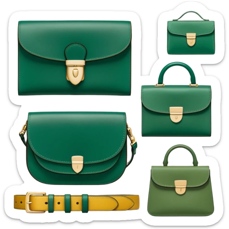 Design a banner for Patina Vita, a leather goods company. The image should showcase a collection of stylish and well-crafted finished leather products, such as wallets, bags, and belts. The background should be a textured surface in a natural tone, and the color palette should incorporate emerald green, sage green, natural leather browns, and accents of okra yellow. The overall aesthetic should be sophisticated, timeless, and emphasize the quality and craftsmanship of the products." sticker