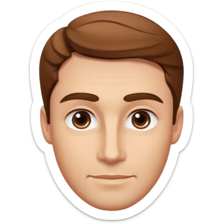 A man has brown, slightly wavy hair, an oval face, fair skin, and a soft smile. His features are smooth and balanced, with thick eyebrows, almond eyes, and a defined jawline. sticker