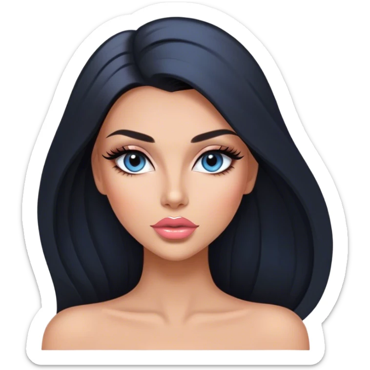 Glamours, tanned, very beautiful girl, with big pump peach-beige-rose lips, long long lashes, black straight smooth silky long hair, straight parting hair, blue-grey eyes sticker